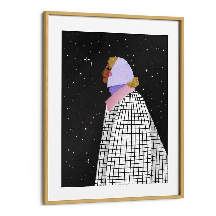 The Lady With The Stars By Bea Muller Women Illustration Paintings in Oak Wood Frame With Mount