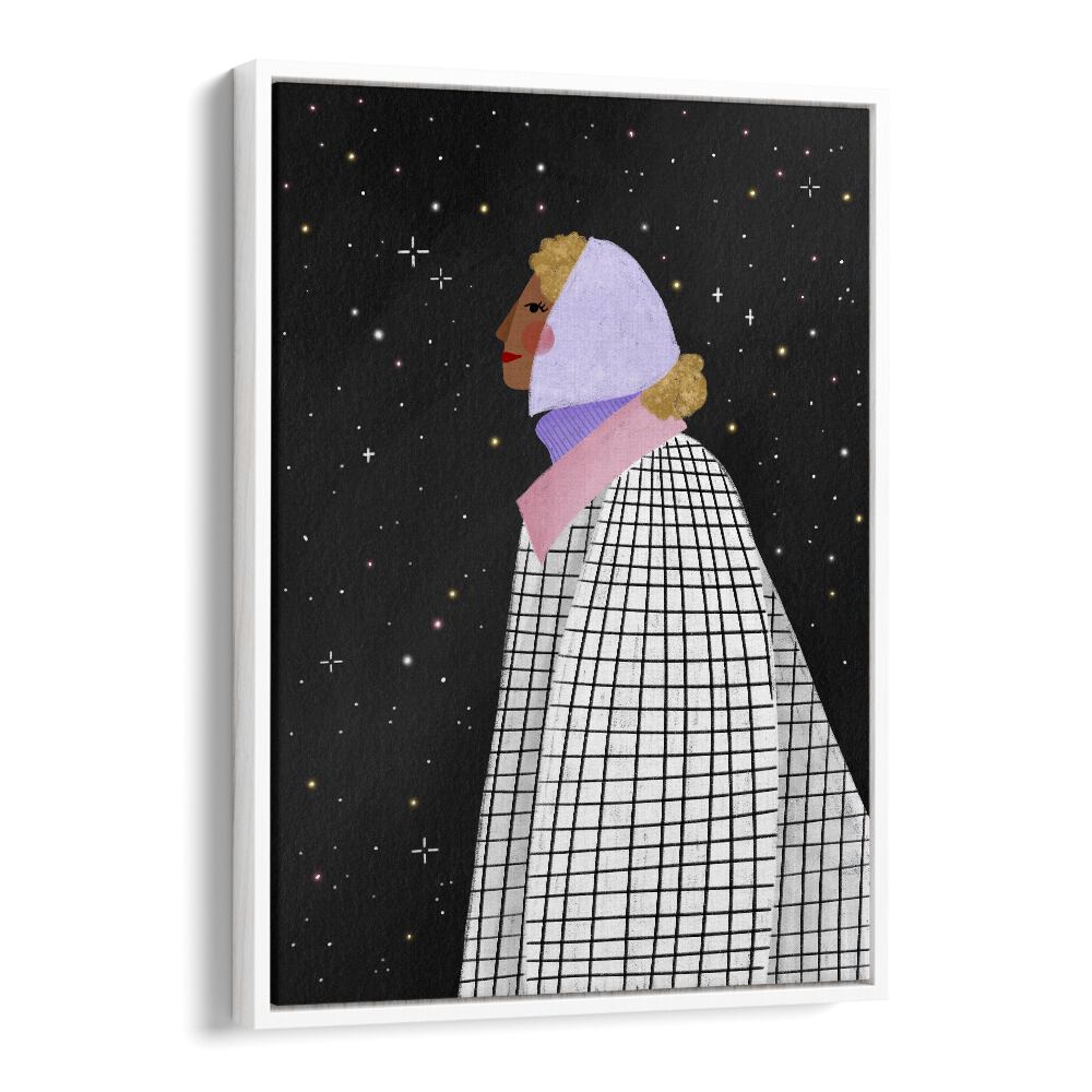 The Lady With The Stars By Bea Muller Women Illustration Paintings in White Floater Frame