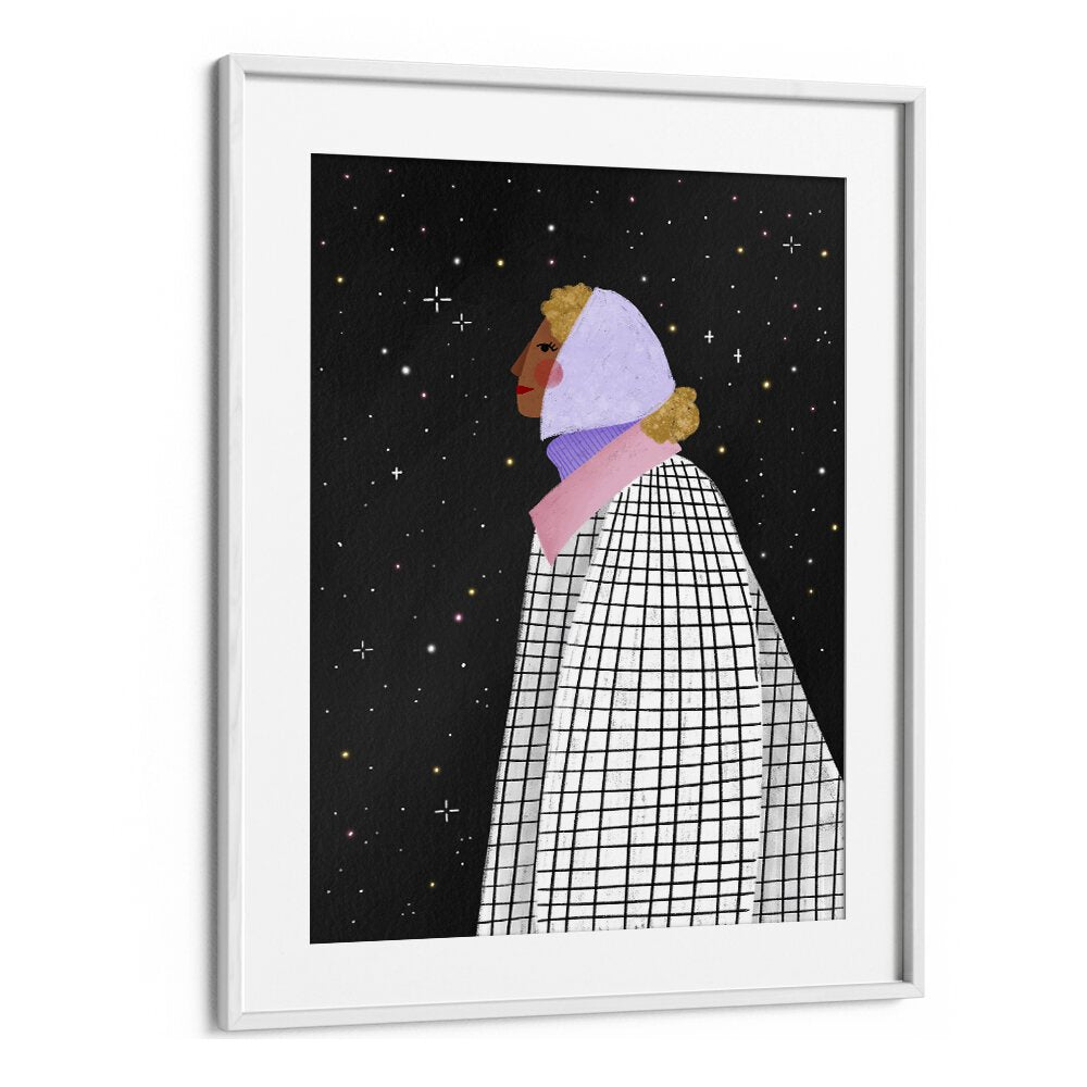 The Lady With The Stars By Bea Muller Women Illustration Paintings in White Frame With Mount