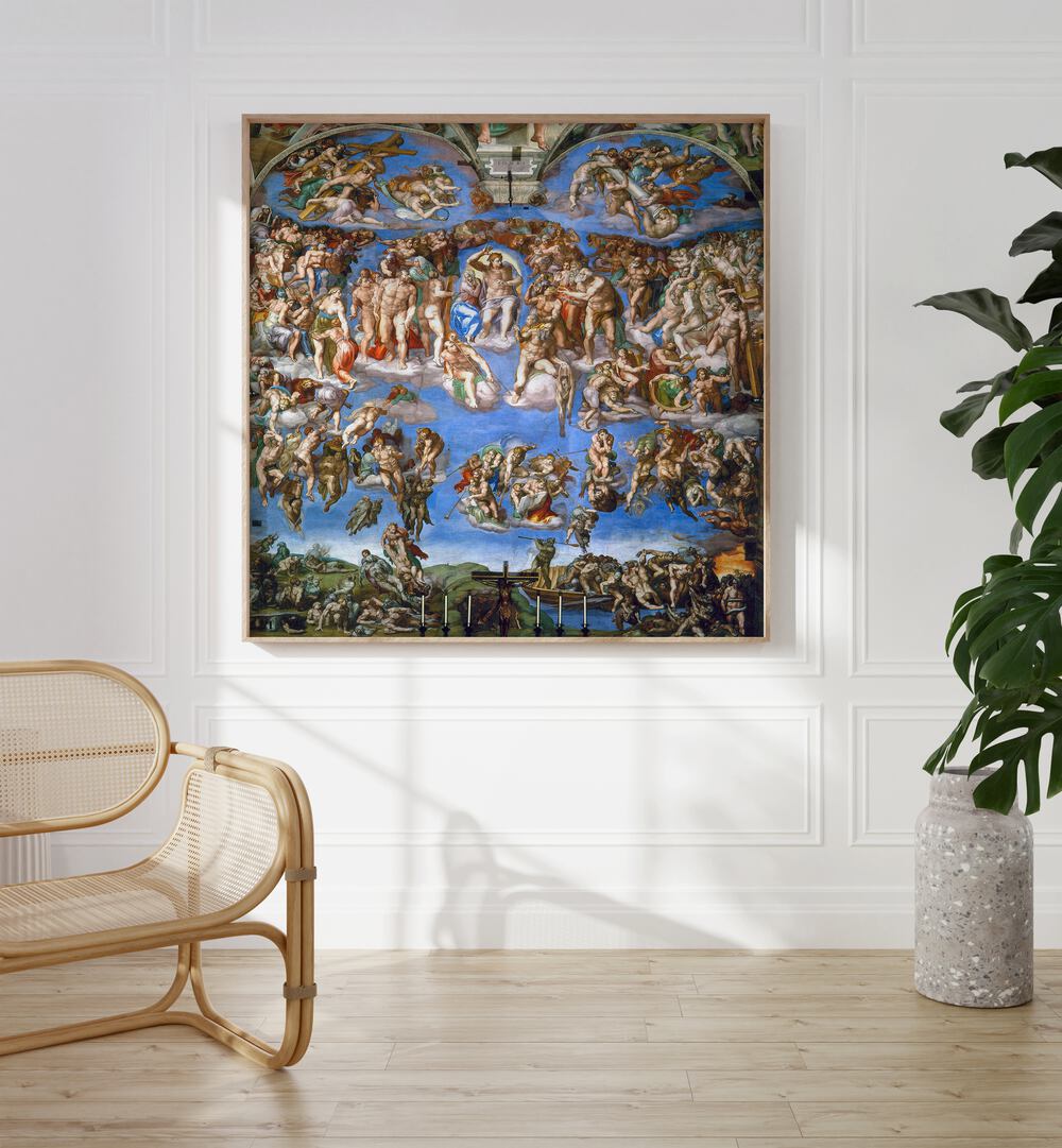 The Last Judgment 1536-1541 Vintage Paintings in Oak Wood Plain Frame placed on a white wall between a sofa and a plant