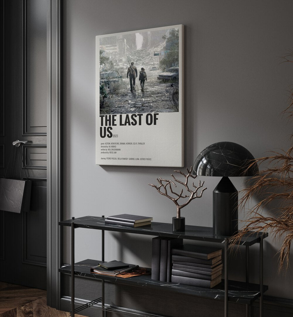 The Last Of Us 2023 Movie Posters in Gallery Wrap placed on a wall behind a table and beside a door