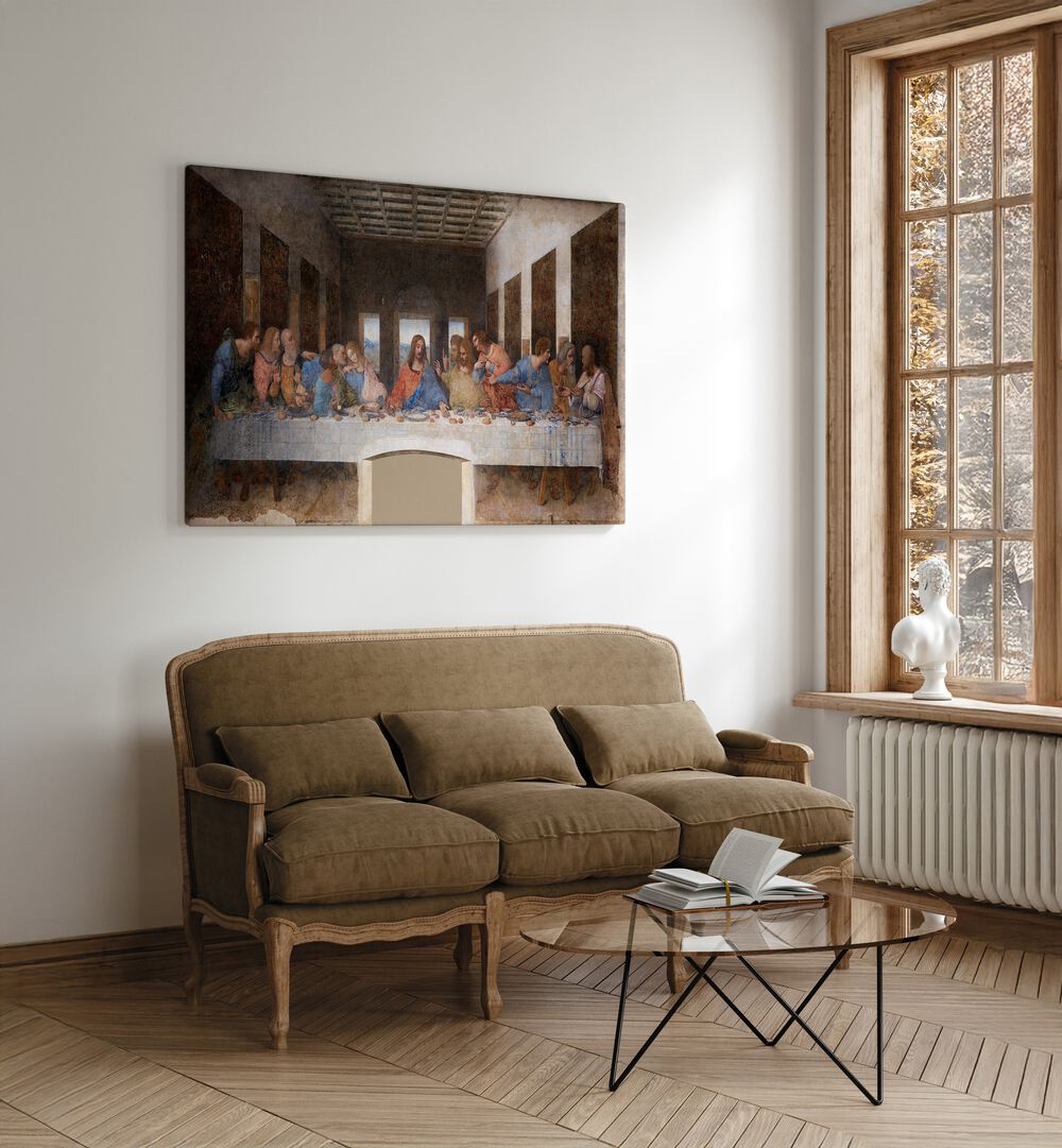 The Last Supper 1495-1498 Vintage Paintings in Gallery Wrap placed on a white wall behind a sofa and a window