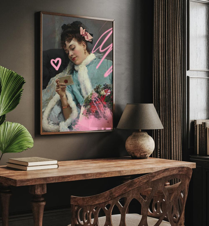 The Love Letter by Raimundo De Madrazo, Grace Digital Art Co Altered Art Prints in Oak Wood Plain Frame placed on a wall behind a study table