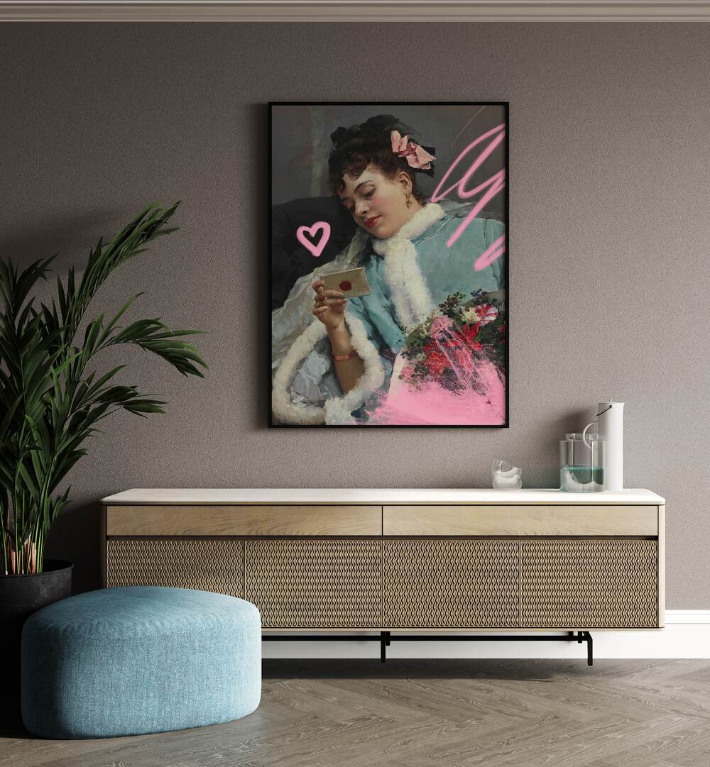 The Love Letter by Raimundo De Madrazo, Grace Digital Art Co Altered Art Prints in Black Plain Frame placed on a wall behind a console table