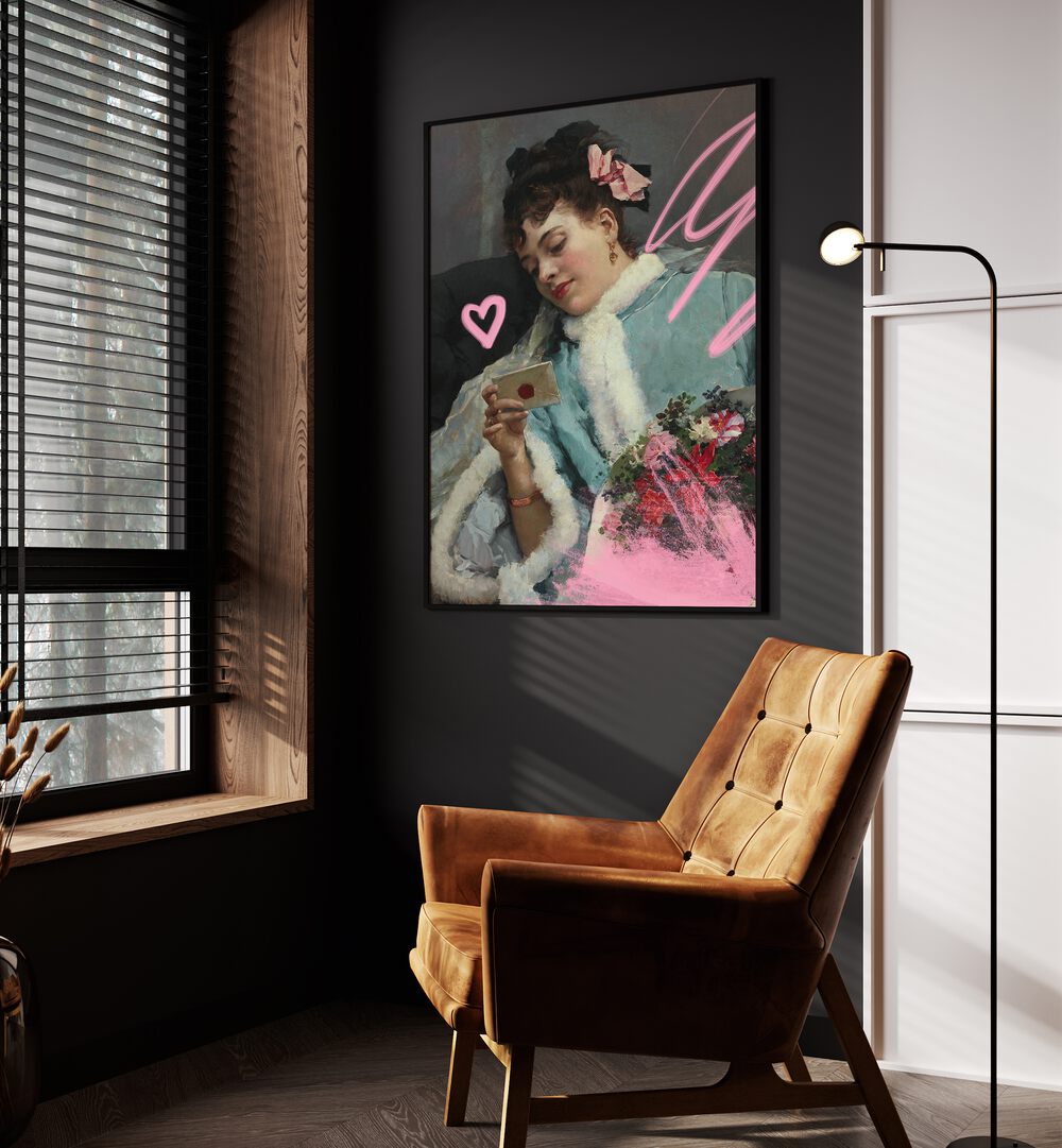 The Love Letter by Raimundo De Madrazo Grace Digital Art Co Altered Art Prints in Black Plain Frame placed on a wall beside an orange sofa and a window