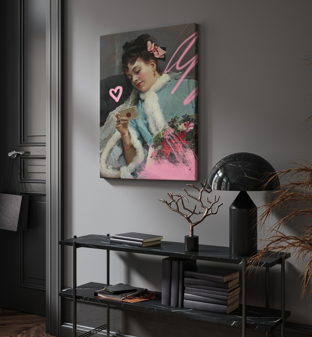 The Love Letter by Raimundo De Madrazo Grace Digital Art Co Altered Art Prints in Gallery Wrap placed on a wall behind a black table and beside a door