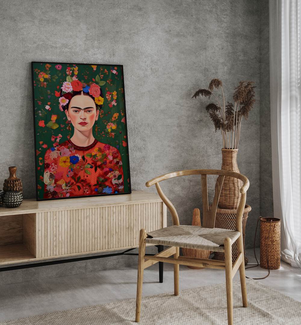 The Love Of Flowers by Treechild Women Illustration Paintings in Black Plain Frame placed on a console table behind a chair