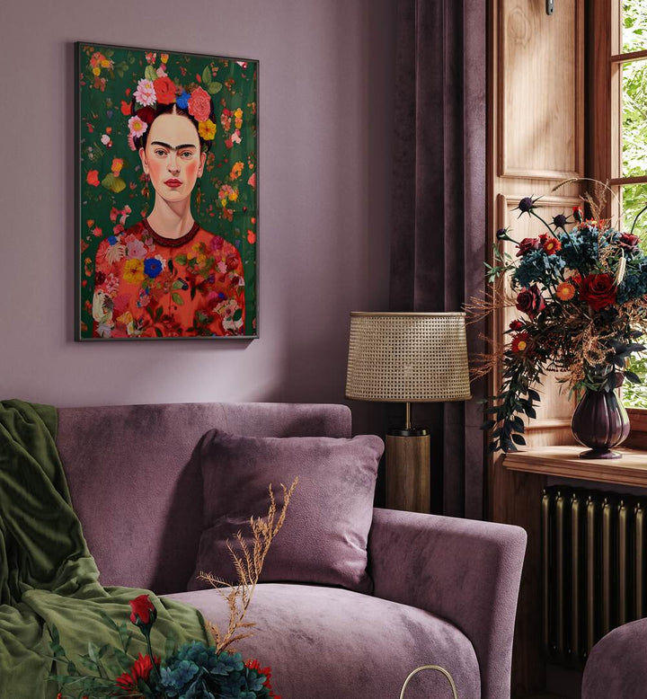 The Love Of Flowers by Treechild Women Illustration Paintings in Black Plain Frame placed behind a sofa for living room