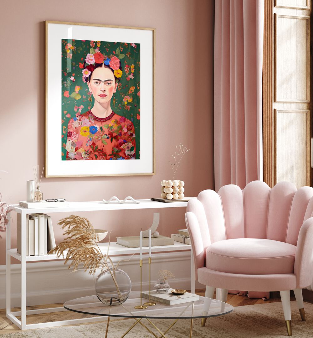 The Love Of Flowers by Treechild Women Illustration Paintings in Oak Wood Frame With Mount placed  behind a table beside a pink sofa