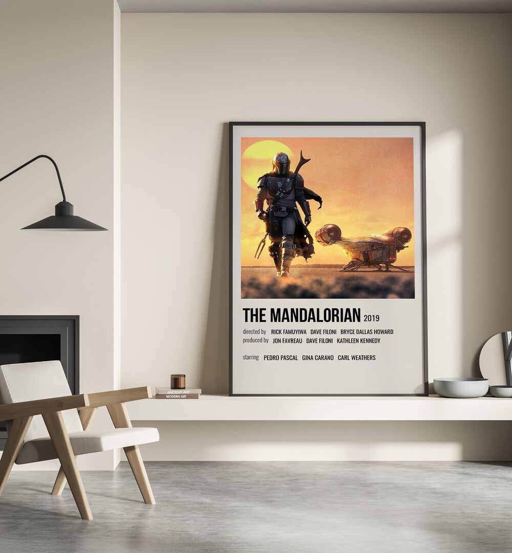 The Mandalorian 2019 i Movie Posters in Black Plain Frame placed on a shelf beside a hearth