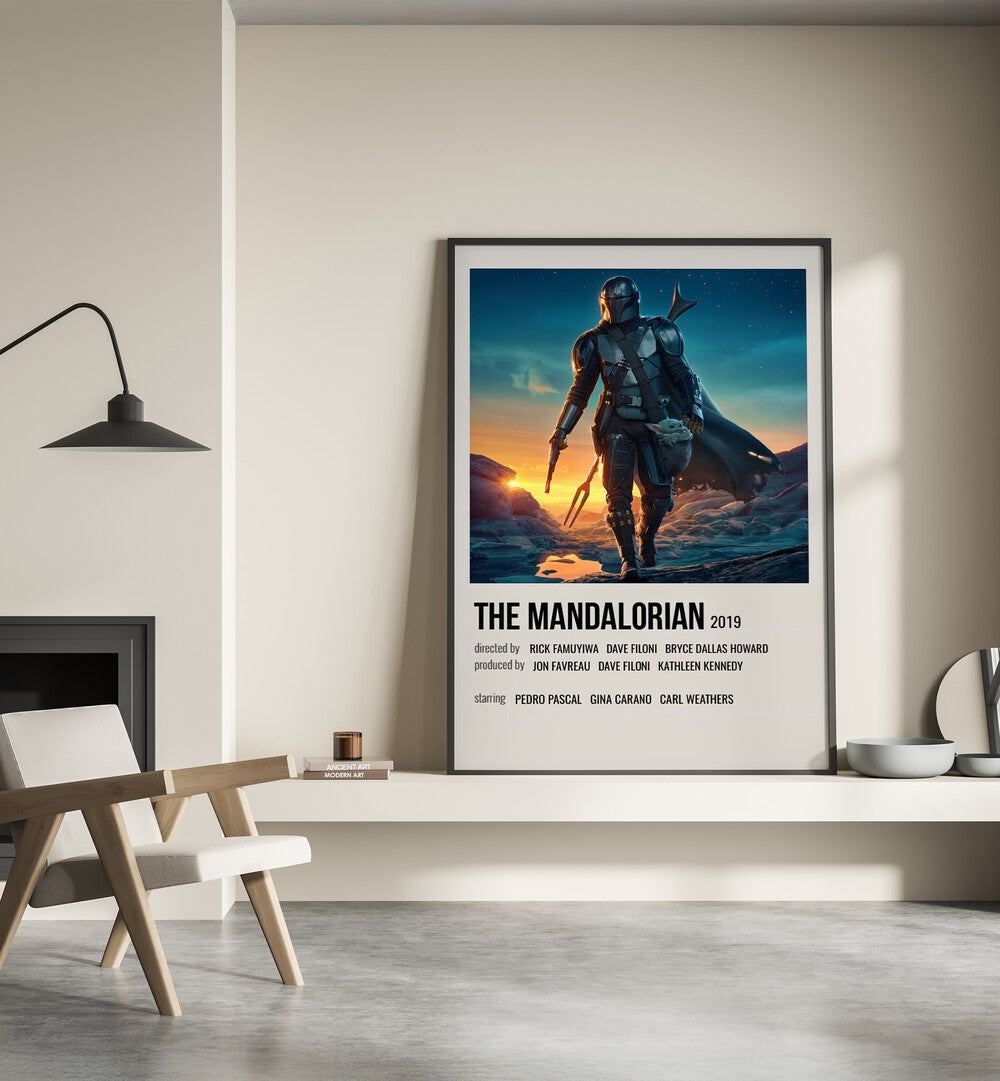 The Mandalorian 2019 ii Movie Posters in Black Plain Frame placed on a shelf beside a hearth