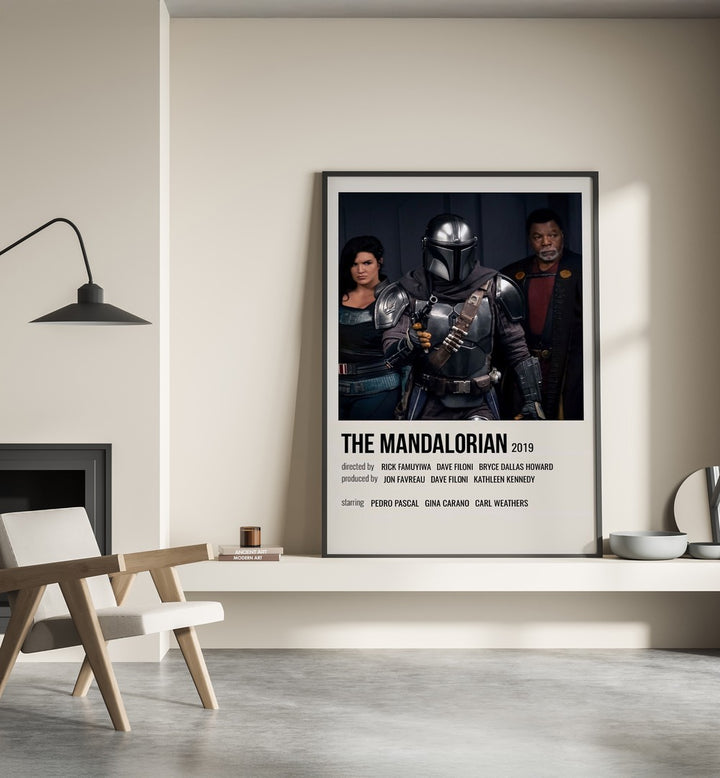 The Mandalorian 2019 iii Movie Posters in Black Plain Frame placed on a shelf beside a hearth