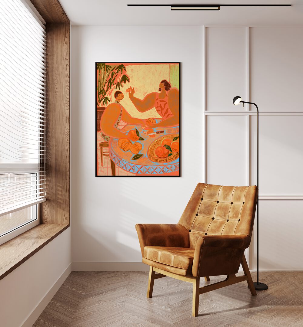 The Mandarin By Arty Guava Wall Art Prints in Black Plain Frame placed on a Cream Colored Wall in the Drawing Room