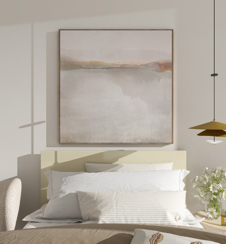 The New Day By Dan Hobday Abstract Art Abstract Paintings in Oak Wood Plain Frame placed on a Cream Colored Wall near a Bed in the Bedroom