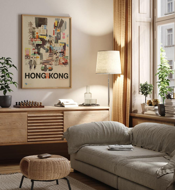 The Orient Is-hong Kong Retro Vintage Travel Travel Posters in Oak Wood Plain Frame on a wall above a console table beside a lamp