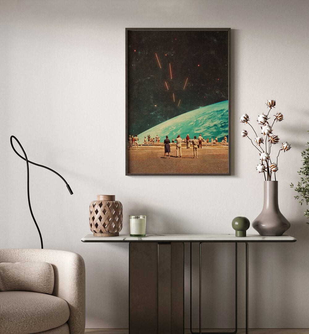 The Others By Frank Moth Surreal Art Prints Surrealism in Black Plain Frame placed on a wall behind a table