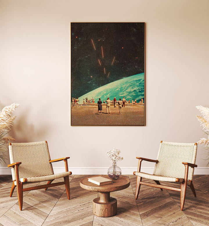 The Others By Frank Moth Surreal Art Prints Surrealism in Oak Wood Plain Frame placed on a wall behind two chairs