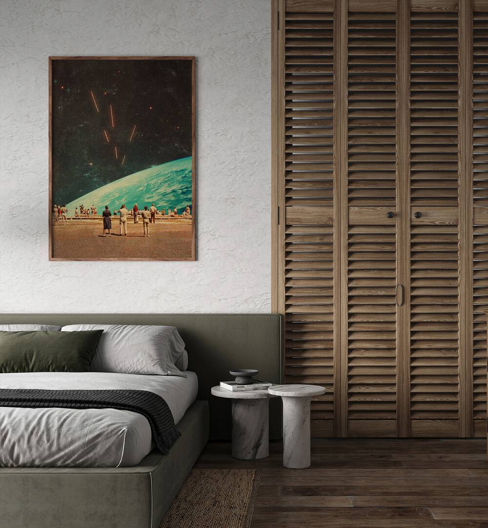 The Others By Frank Moth Surreal Art Prints Surrealism in Oak Wood Plain Frame placed on a wall behind a bed for bedroom