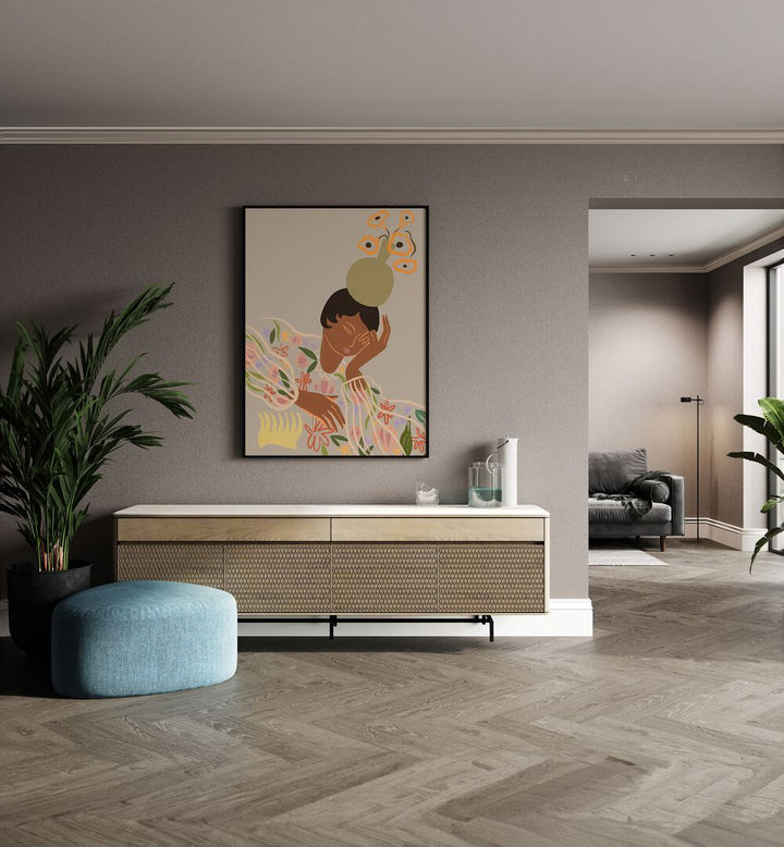 Stylish interior featuring THE OVERTHINKER, PORTRAITS by Arty Guava, enhancing modern decor with vibrant art.
