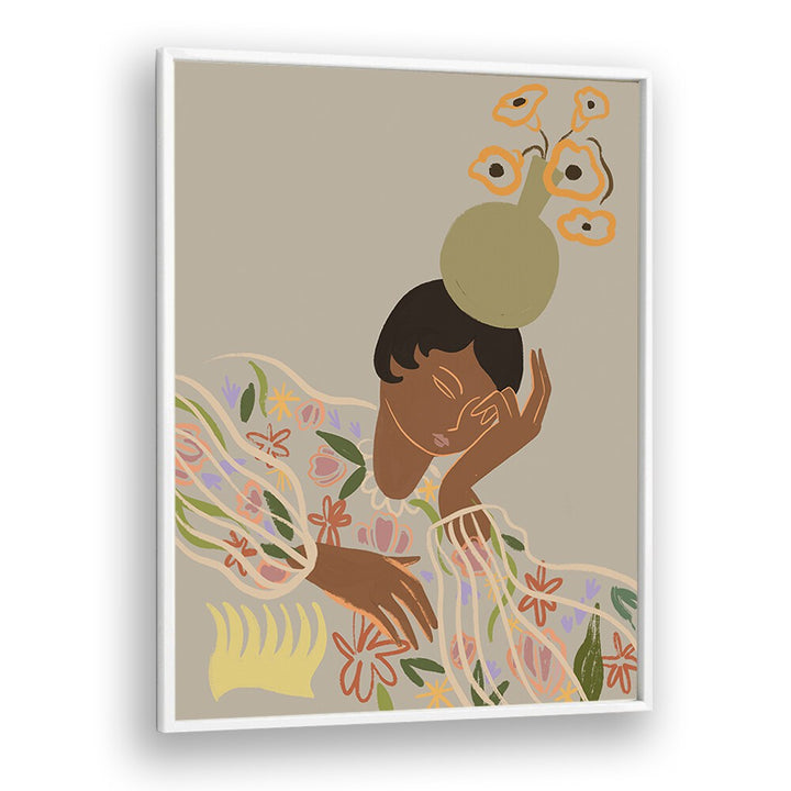 Relaxing wall art print "THE OVERTHINKER, PORTRAITS" by Arty Guava, featuring a thoughtful figure with floral accents.