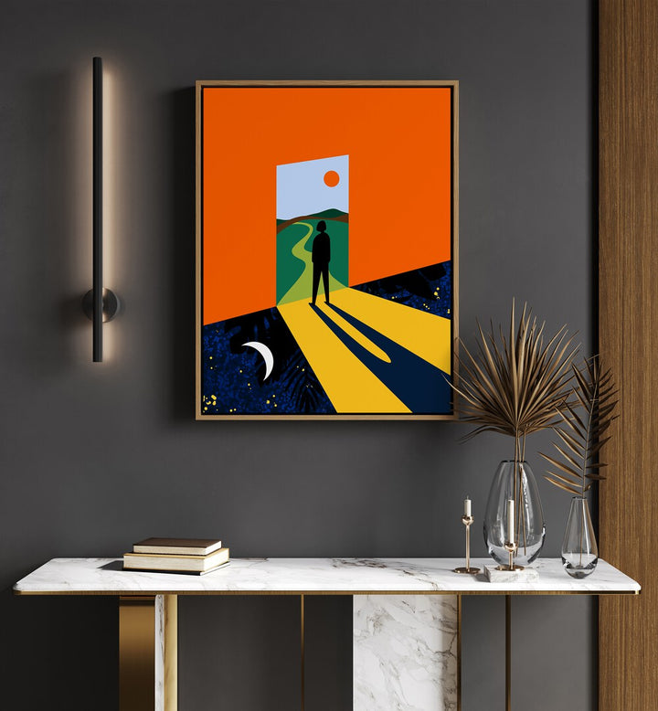 The Path Ahead By Uma Gokhale Landscape Paintings in Oak Wood Floater Frame on a wall above  a white console table