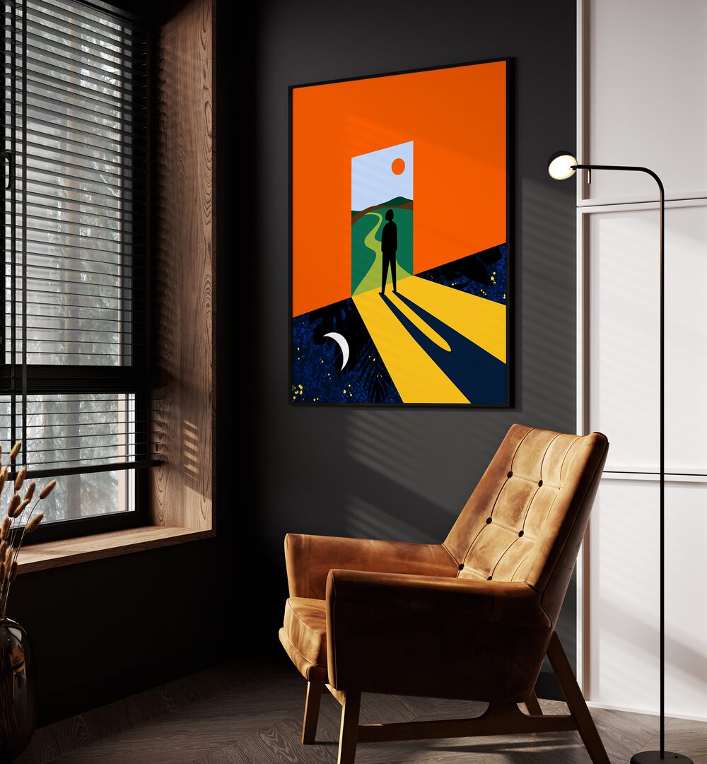 The Path Ahead By Uma Gokhale Landscape Paintings in Black Plain Frame on a wall beside an orange sofa