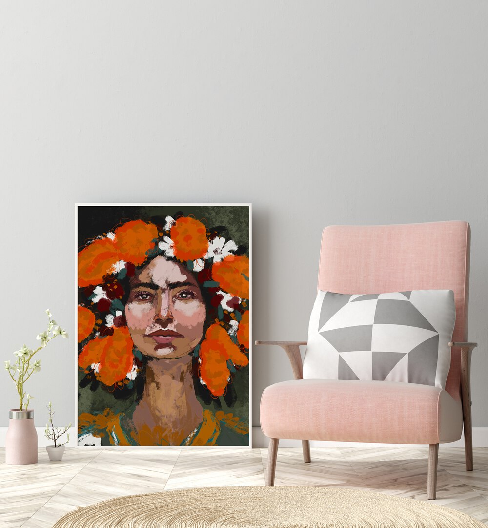 The Power Of Thoughts By Treechild Women Illustration Paintings in White Plain Frame placed on a White  Colored Wall in the Drawing Room