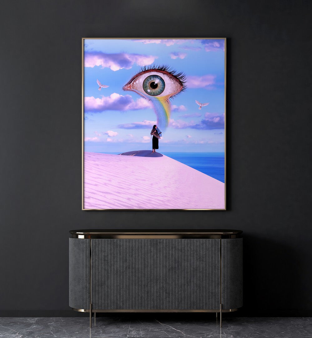 The Prophetees By Ritvik Takkar Surreal Paintings in Gold Plain Frame placed on a Dark Grey Colored Wall above a Console Table in the Drawing Room