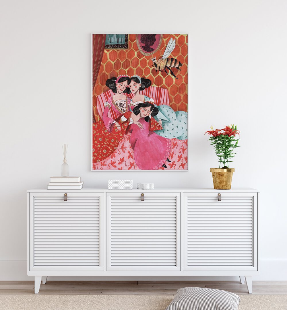 The Queen Bee and Pink Princesses By Caroline Bonne Muller Women Paintings in White Plain Frame on a white wall above a console table