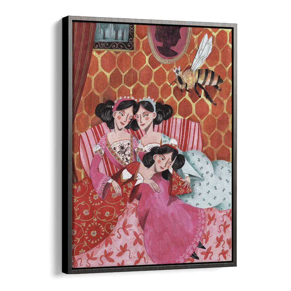 The Queen Bee and Pink Princesses By Caroline Bonne Muller Women Paintings in Black Floater Frame