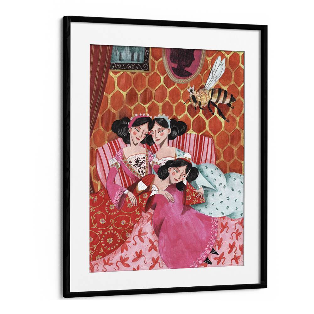 The Queen Bee and Pink Princesses By Caroline Bonne Muller Women Paintings in Black Frame With Mount