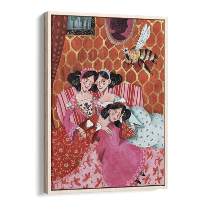 The Queen Bee and Pink Princesses By Caroline Bonne Muller Women Paintings in Oak Wood Floater Frame