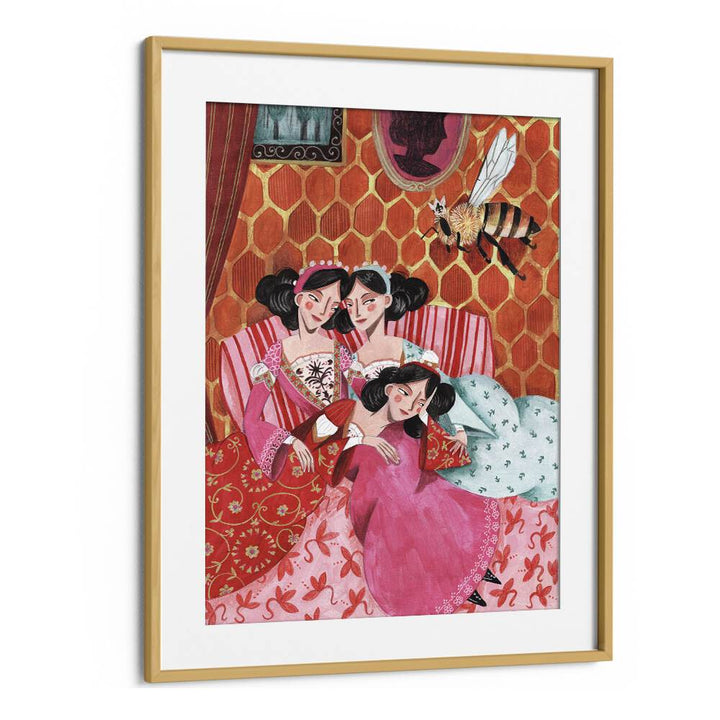 The Queen Bee and Pink Princesses By Caroline Bonne Muller Women Paintings in Oak Wood Frame With Mount