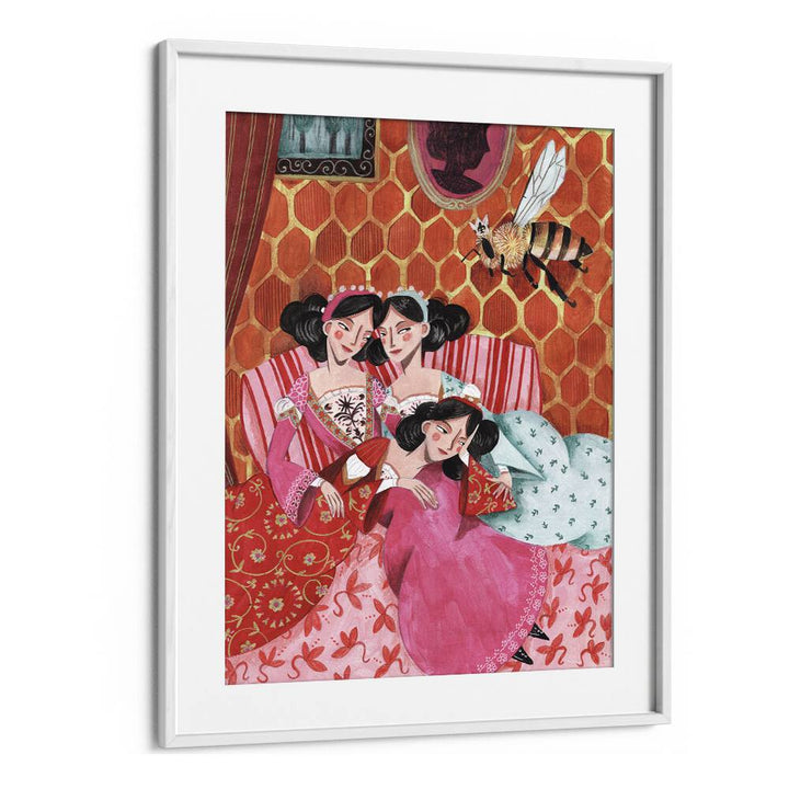 The Queen Bee and Pink Princesses By Caroline Bonne Muller Women Paintings in White Frame With Mount