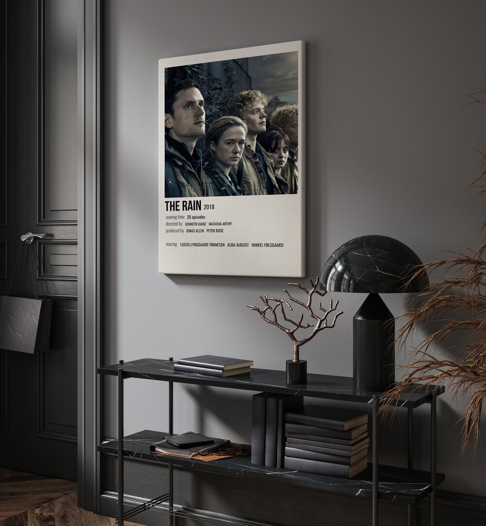 The Rain 2018 Movie Posters in Gallery Wrap placed on a wall behind a table and beside a door