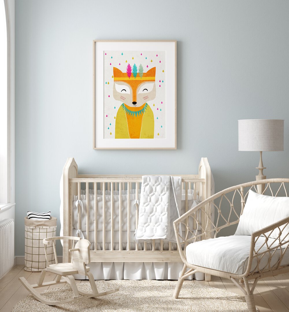 The Rainmaker By Treechild Kids Room Art in Oak Wood Frame With Mount placed on a Light Blue Colored Wall in the Kids Room