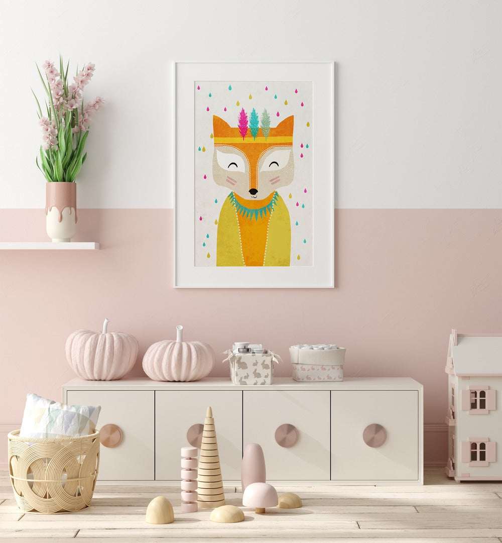 The Rainmaker By Treechild Kids Room Art in White Frame With Mount placed on a Pink Colored Wall in the Kids Room