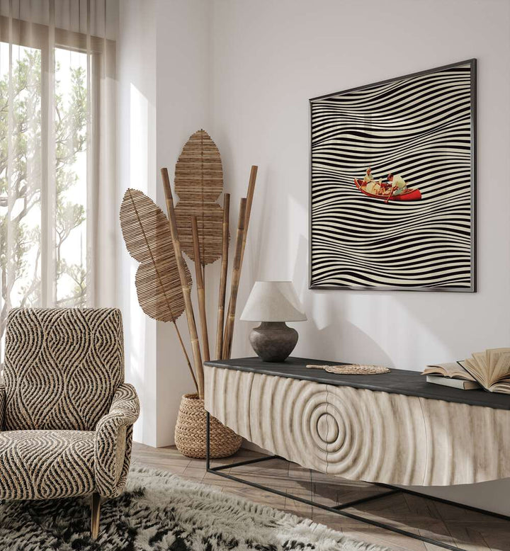 The Real Boat Trip Surreal Paintings Surreal Art Prints in Black Plain Frame placed on a Cream Colored Wall above a Console Table in the Living Room