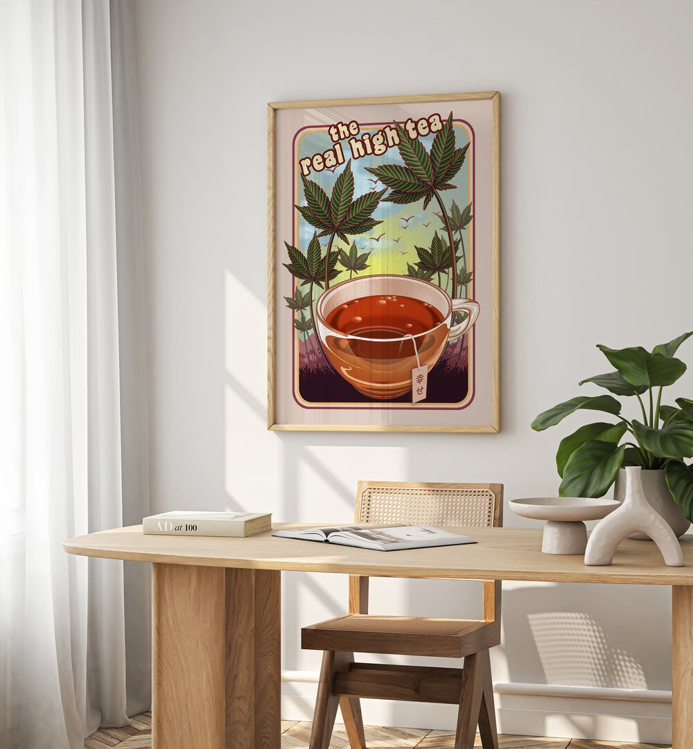 The Real High Tea Cafe Art Prints Cafe Posters in Oak Wood Plain Frame placed on a White Colored Wall Near a Study Table in the Work Space in the Drawing Room