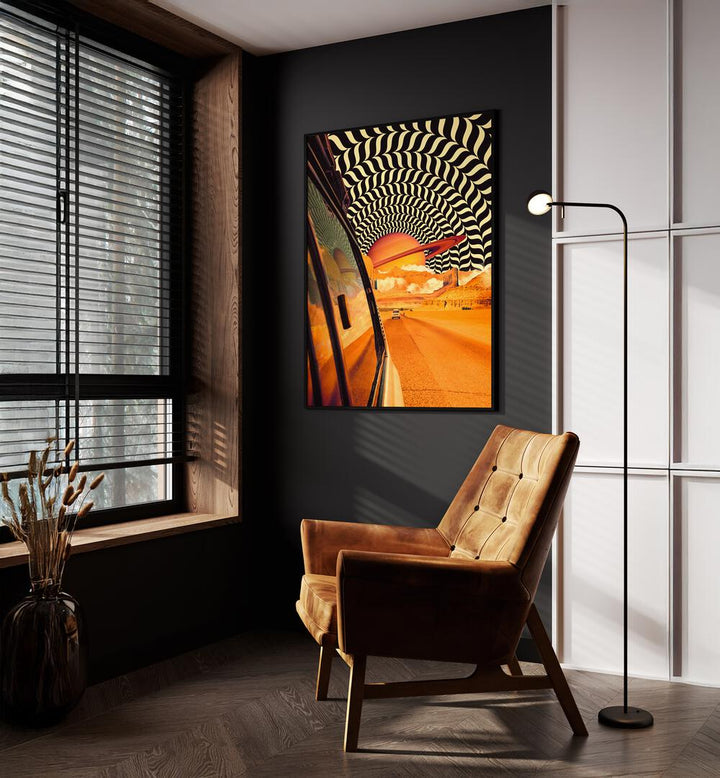 The Real Road Trip Surreal Paintings Surreal Art Prints in Black Plain Frame placed on a Dark Grey Colored Wall near a Brown Sofa Chair in the Drawing Room