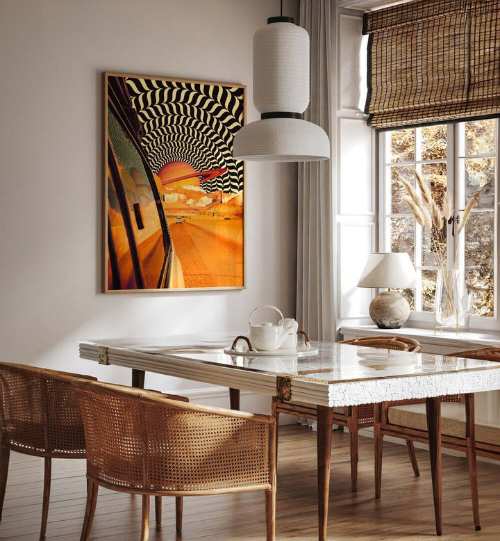 The Real Road Trip Surreal Paintings Surreal Art Prints in Oak Wood Plain Frame placed on a Cream Colored Wall near a Dining Table in the Dining Room