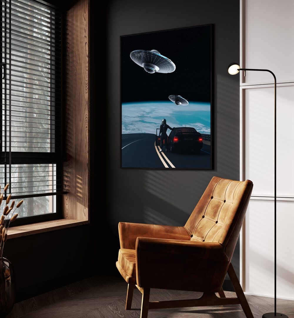 The Rescue By Ritvik Takkar Surrealism in Black Plain Frame placed on a Dark Grey Colored Wall in the Drawing Room