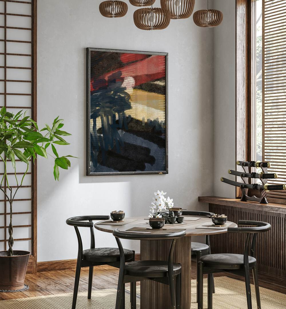 The Romance of Night by Nilesh Kulkarni Abstract Paintings Abstract Art Print in Black Plain Frame placed on a wall behind a dining table for dining area