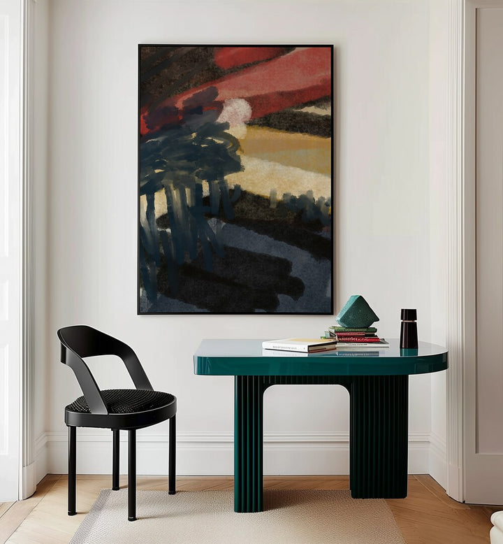 The Romance of Night by Nilesh Kulkarni Abstract Paintings Abstract Art Print in Black Plain Frame placed on a wall behind a study table