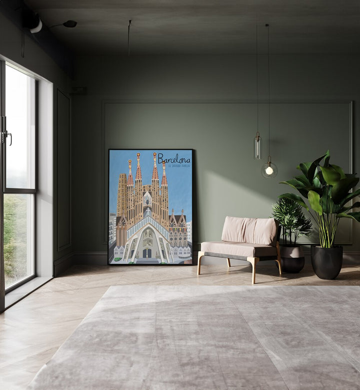 The Sagrada Familia by Carla Daly Travel Posters in Black Plain Frame placed on the floor between a sofa and a window