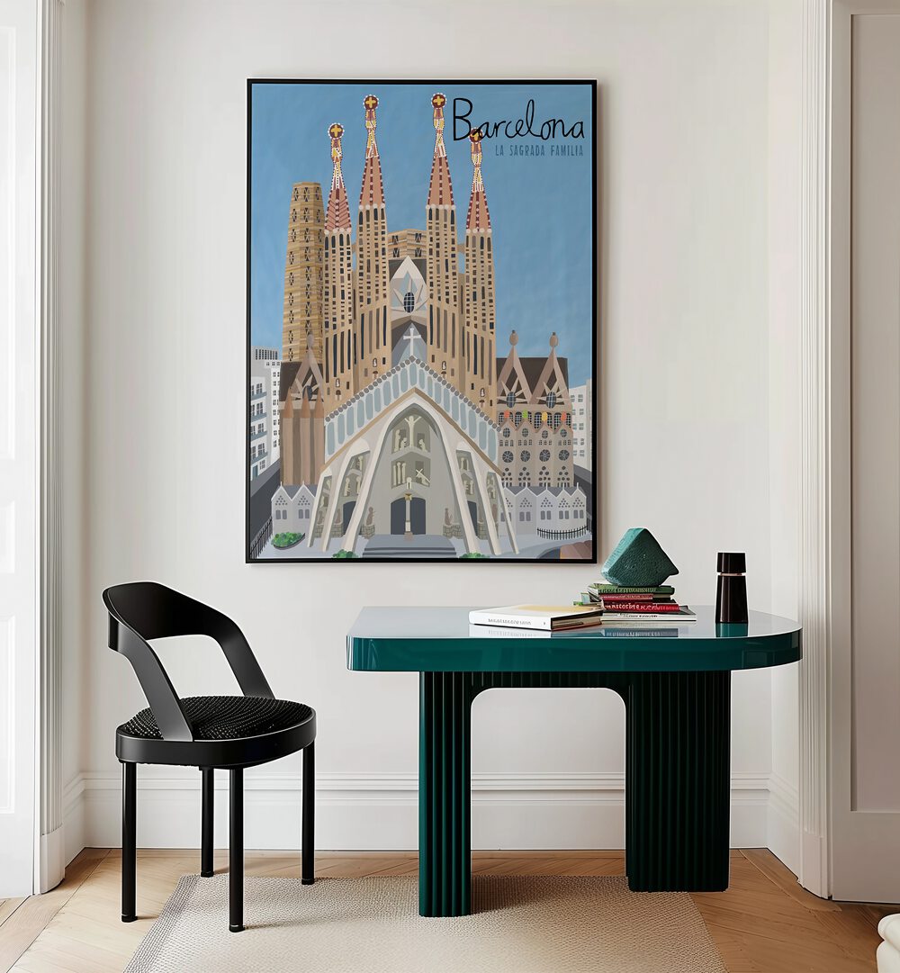 The Sagrada Familia by Carla Daly Travel Posters in Black Plain Frame placed on  wall behind a study table