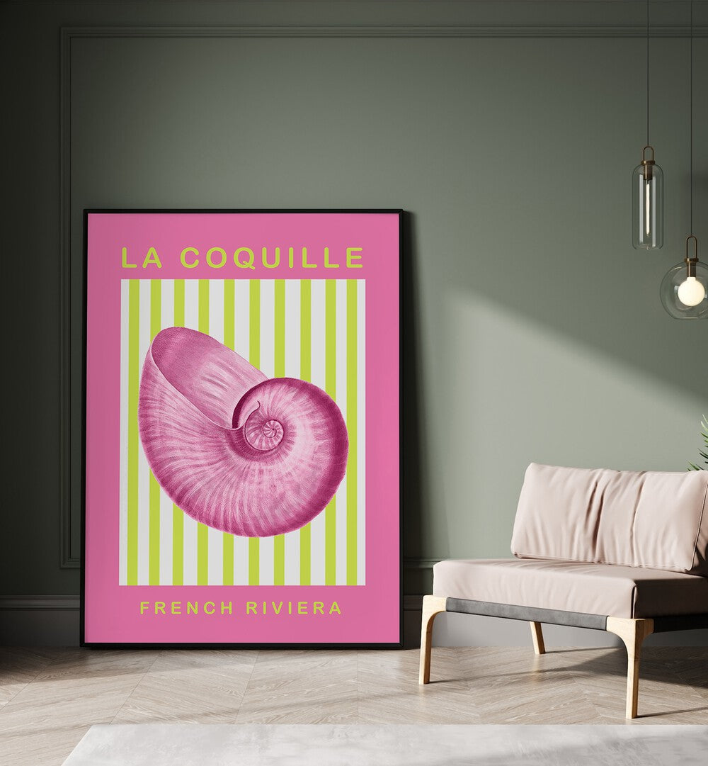 The Shell Maximalist By Grace Digital Art Co Beach Prints in Black Plain Frame placed on a floor beside a sofa