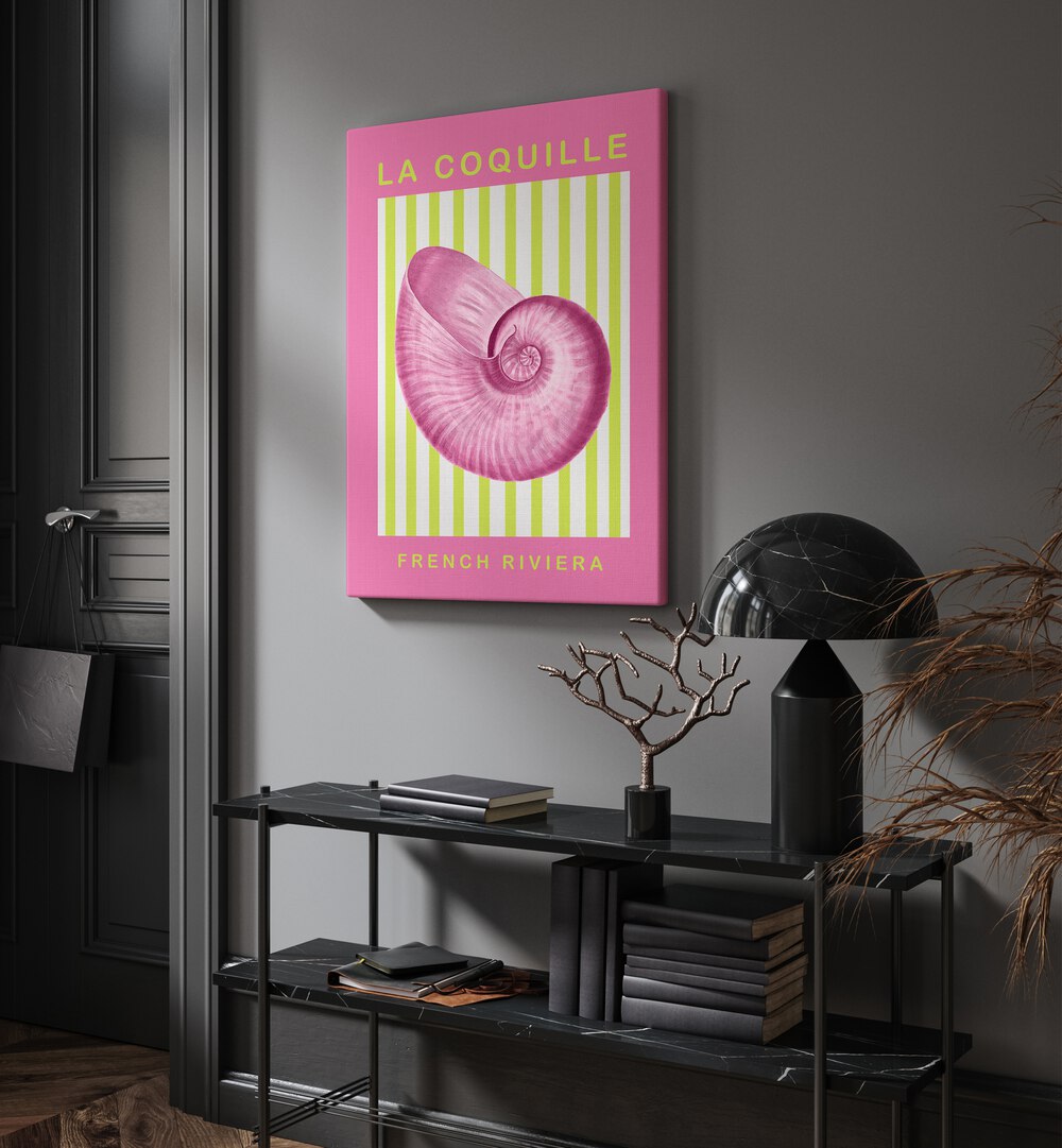 The Shell Maximalist By Grace Digital Art Co Beach Prints in Gallery Wrap placed on a wall behind a table and beside a door