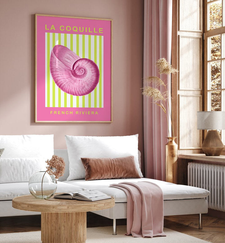 The Shell Maximalist By Grace Digital Art Co Beach Prints in Oak Wood Plain Frame placed on a wall behind a sofa