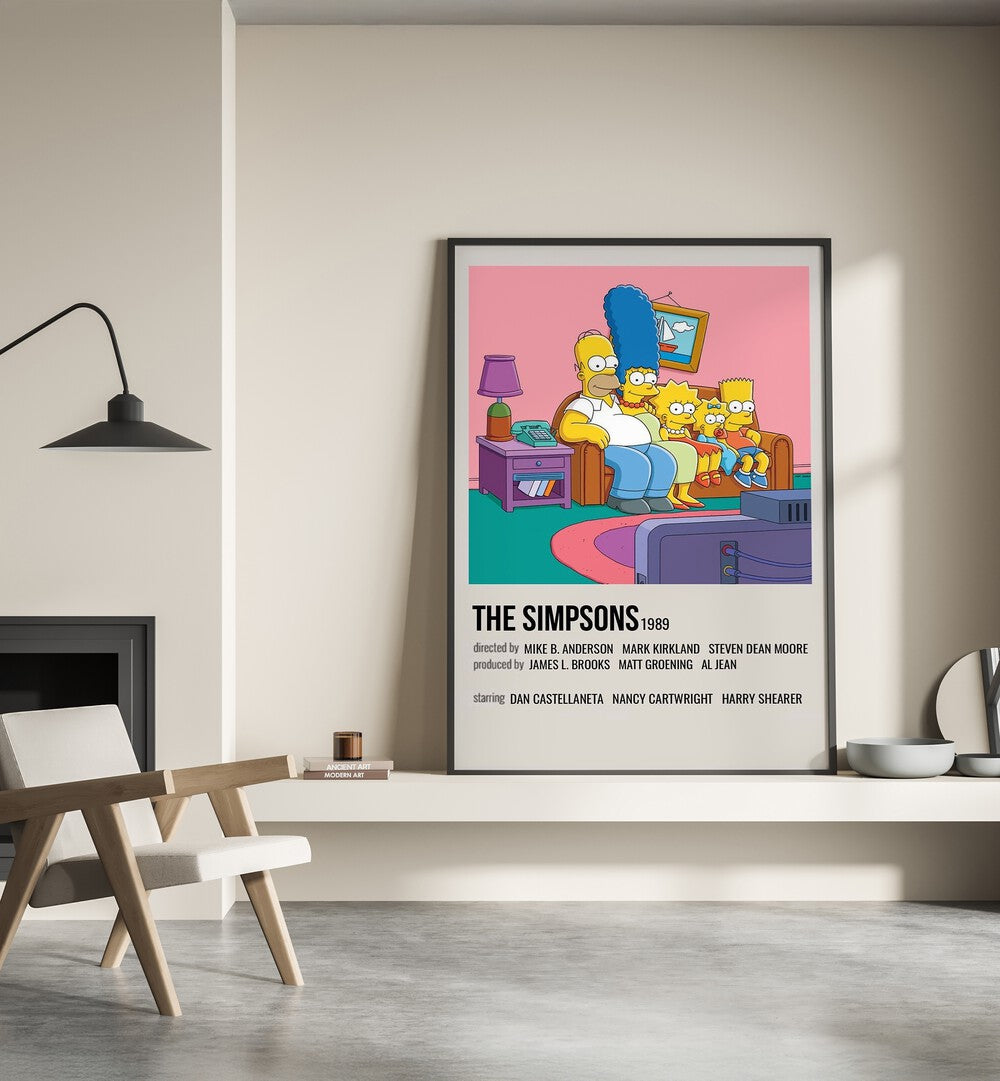 The Simpsons 1989 I Movie Posters in Black Plain Frame placed on a shelf beside a hearth